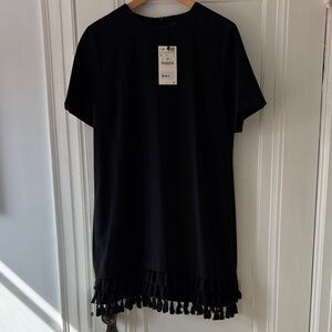 Zara NWT Black Short Sleeve Black Dress with Tassel Hem Sz L